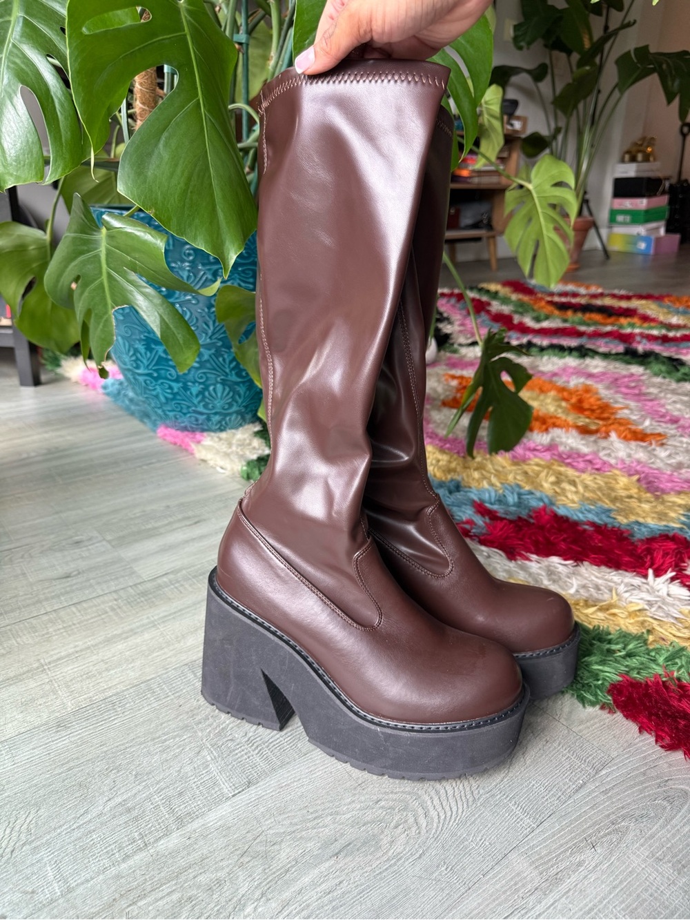 SHEIN Chocolate Brown Platform Knee-High Heeled Boots